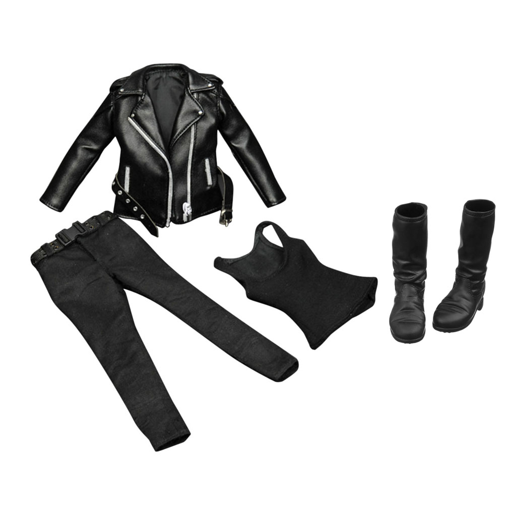 1/6 Scale Female Clothing Black PU Leather Jacket Pants Vest Long Boots for 12
