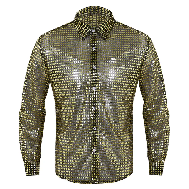 Mens 70s Disco Dance Shirts Sparkle Sequins Short Sleeve Nightclub Party  Rave T-Shirts Hipster Jazz Latin Performance Costume
