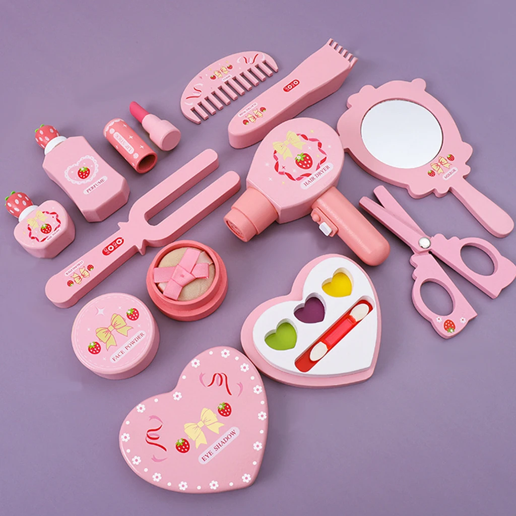 Wooden Play Toys for Girls Make Up Play Set 12 Pieces Cutter Dryer