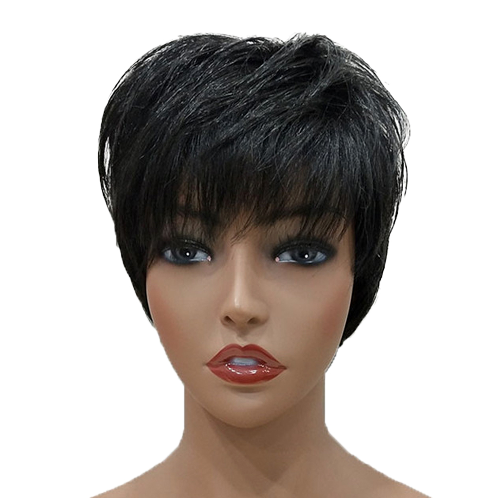 Women Human Hair Wig, Black Short Hairpieces Wavy Layered Hairstyle, 25cm/10