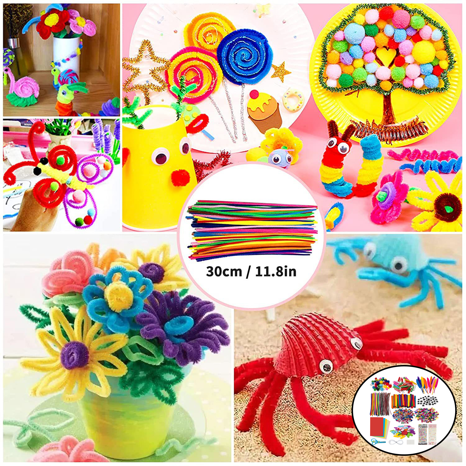 DIY Toys Kids Handmade Art Craft Material Creativity Toy Gifts Colorful Plush Stick Pompoms Doll Eyes DIY Set Accessories