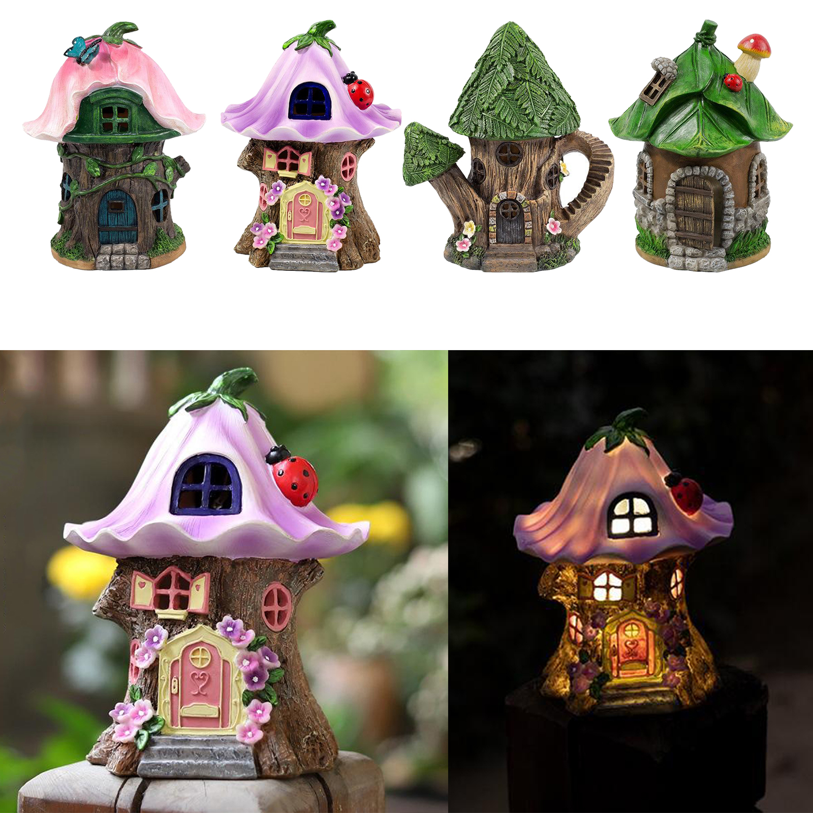 Lovely Mini Fairy House Statue Outdoor Garden Light Patio Yard Path Decor