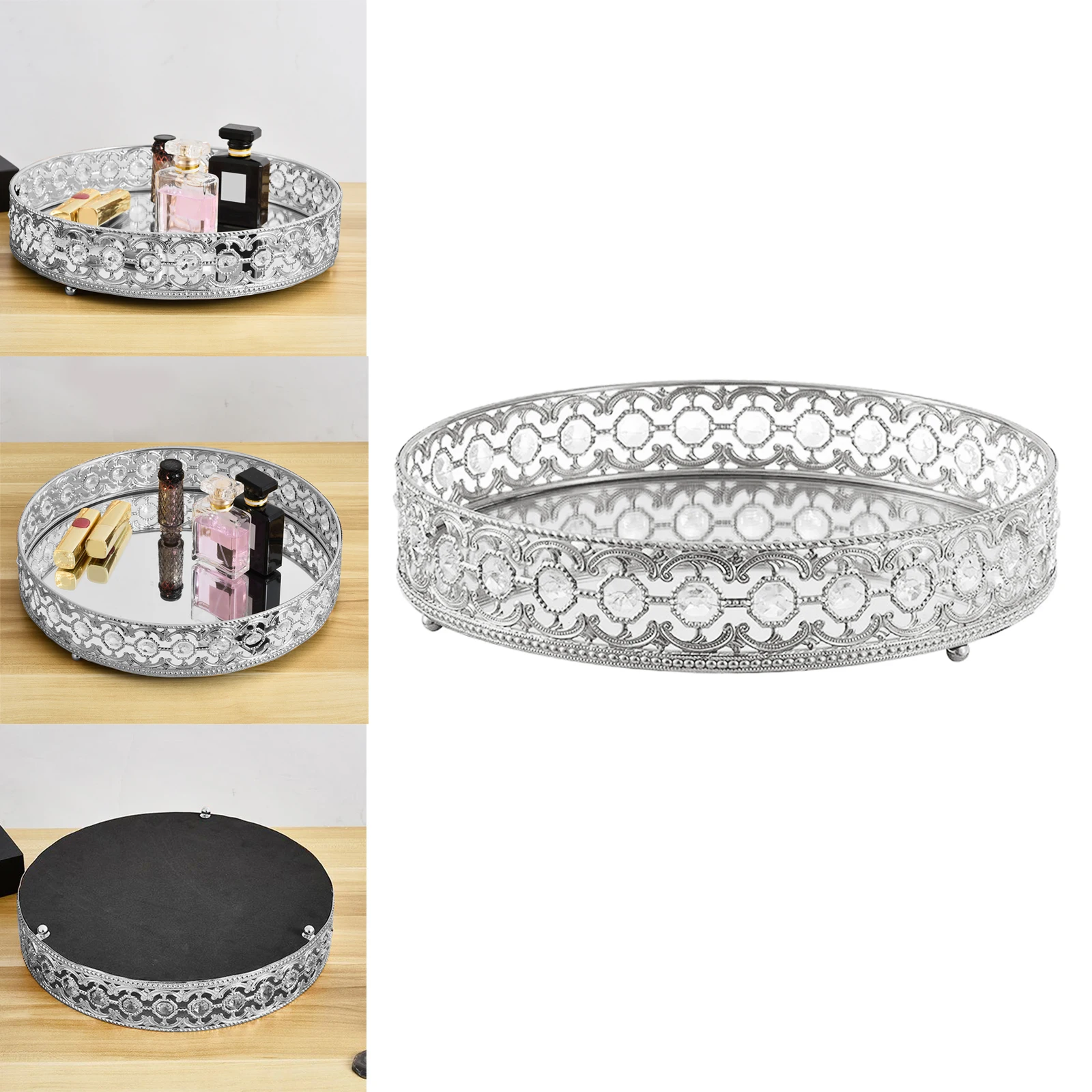 Silver Jewelry Tray Crystal Mirrored Makeup Tray Trinket Cake Display Decor