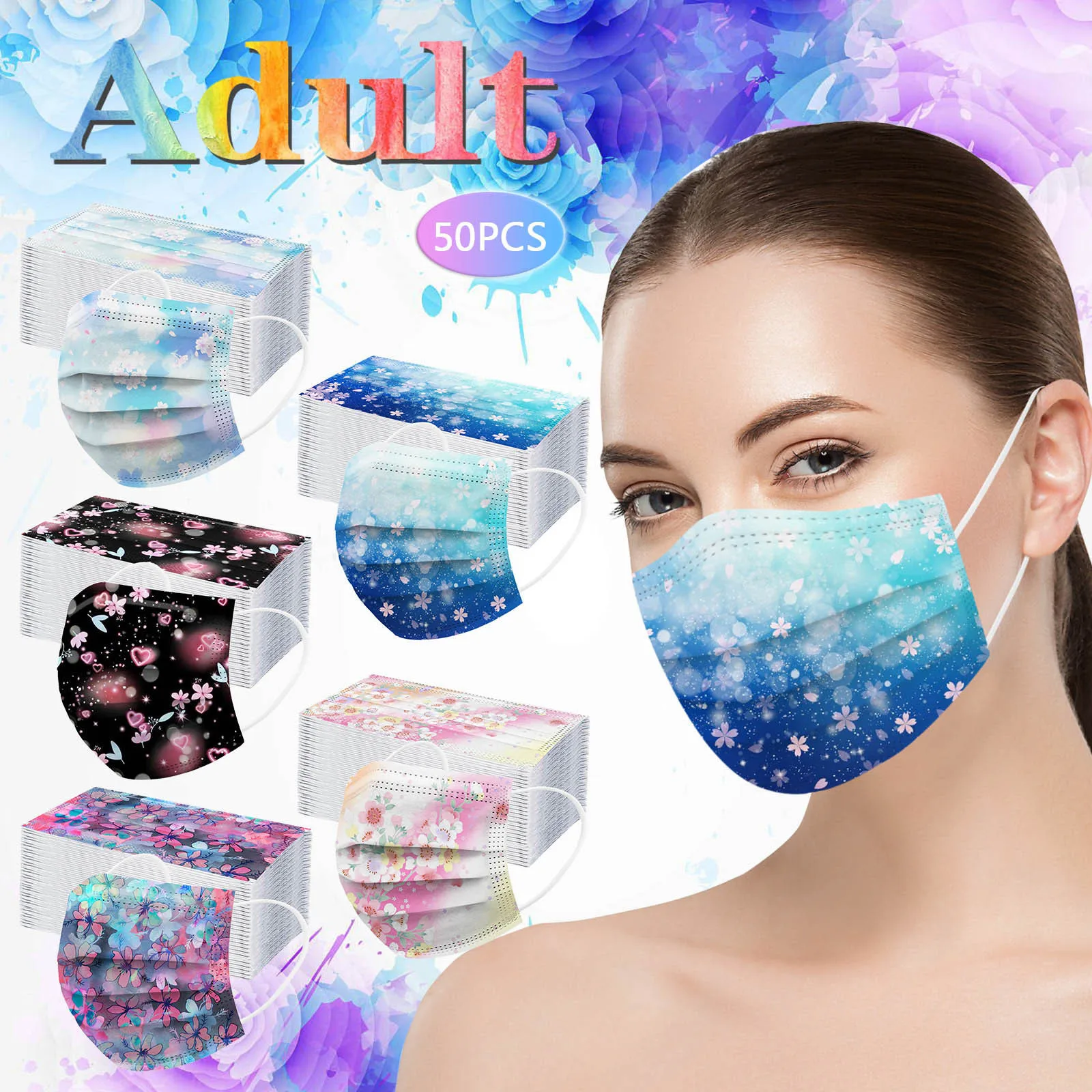 50pcs Adult Mask Snowflake Three-layer Disposable Dust-proof Protective Facemask Flowers Print Non Woven Mouth Cover Halloween halloween outfits