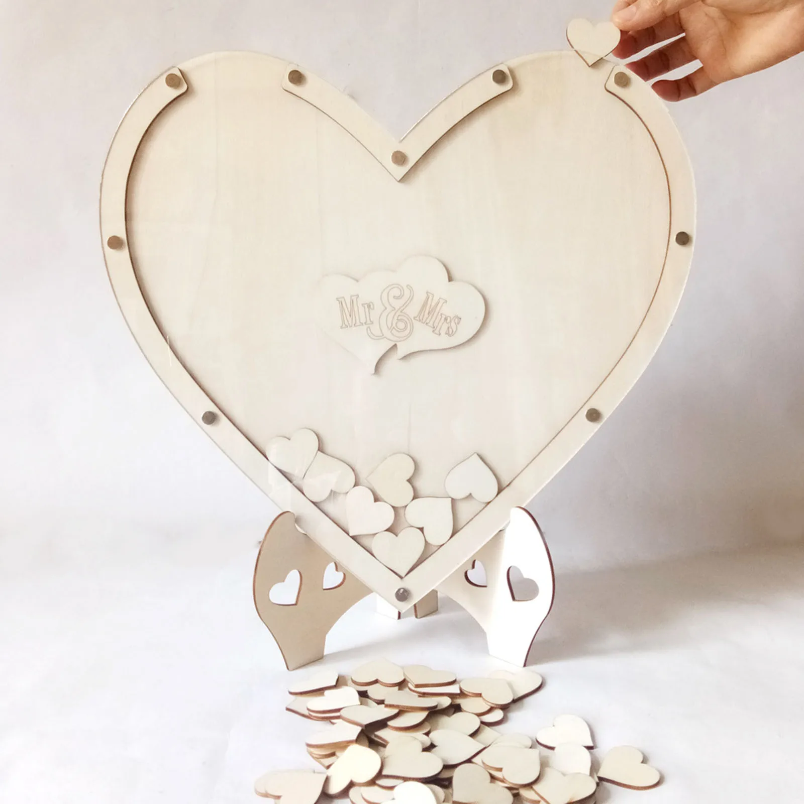 Wedding Guest Book Personalized   Sign Book with 75pcs Boxwood Blank Hearts Rustic Wedding Guestbook
