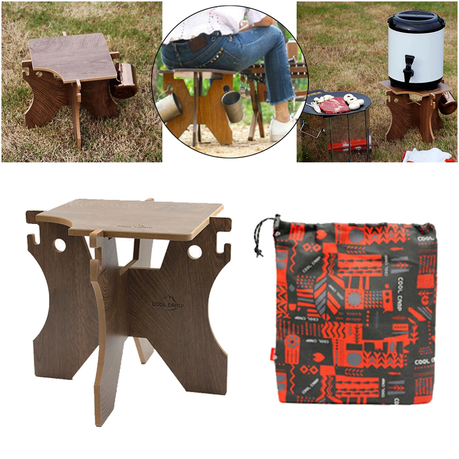 Foldable Camping Water Bucket Stand Wooden Beer Pail Holder Support Rack Frame Shelf Cup Hanger Hooks Folding Stool Chair