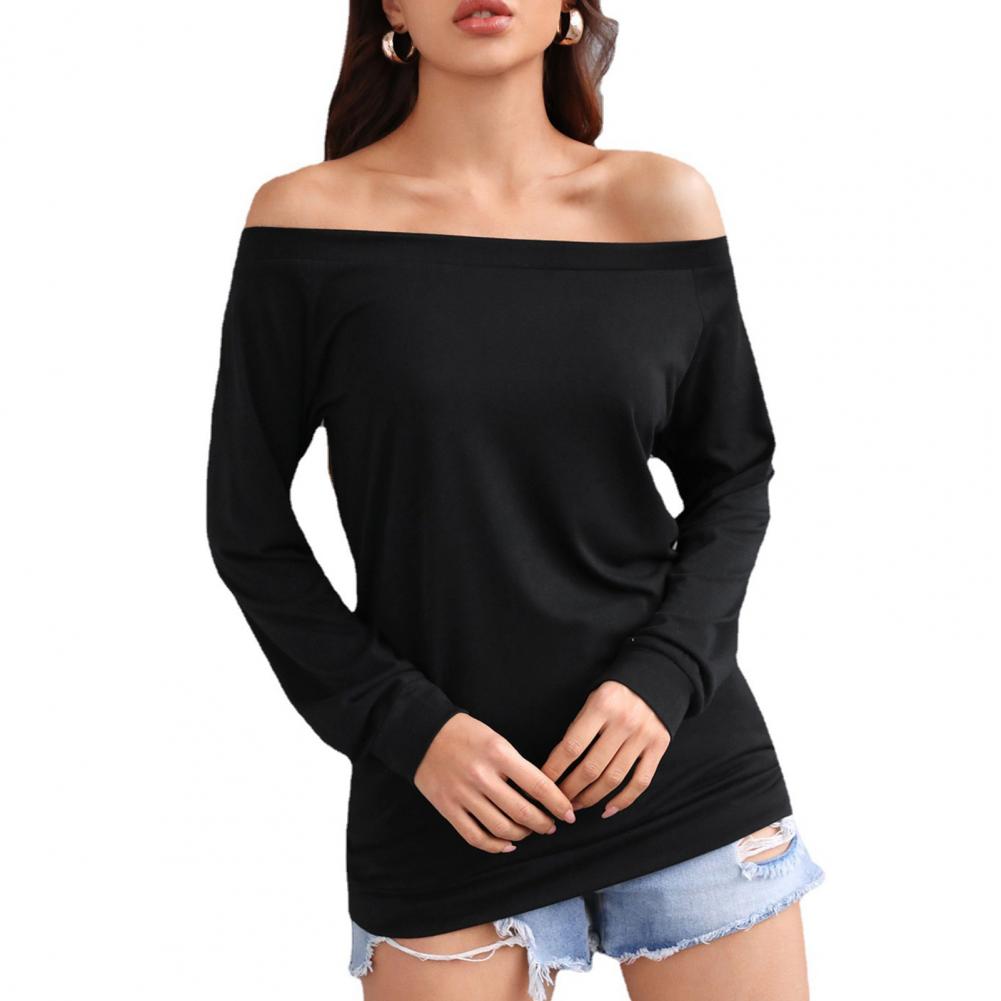 camiseta feminina manga comprida sem pulôver sensual cor sólida sem ombro de fora com gola redonda