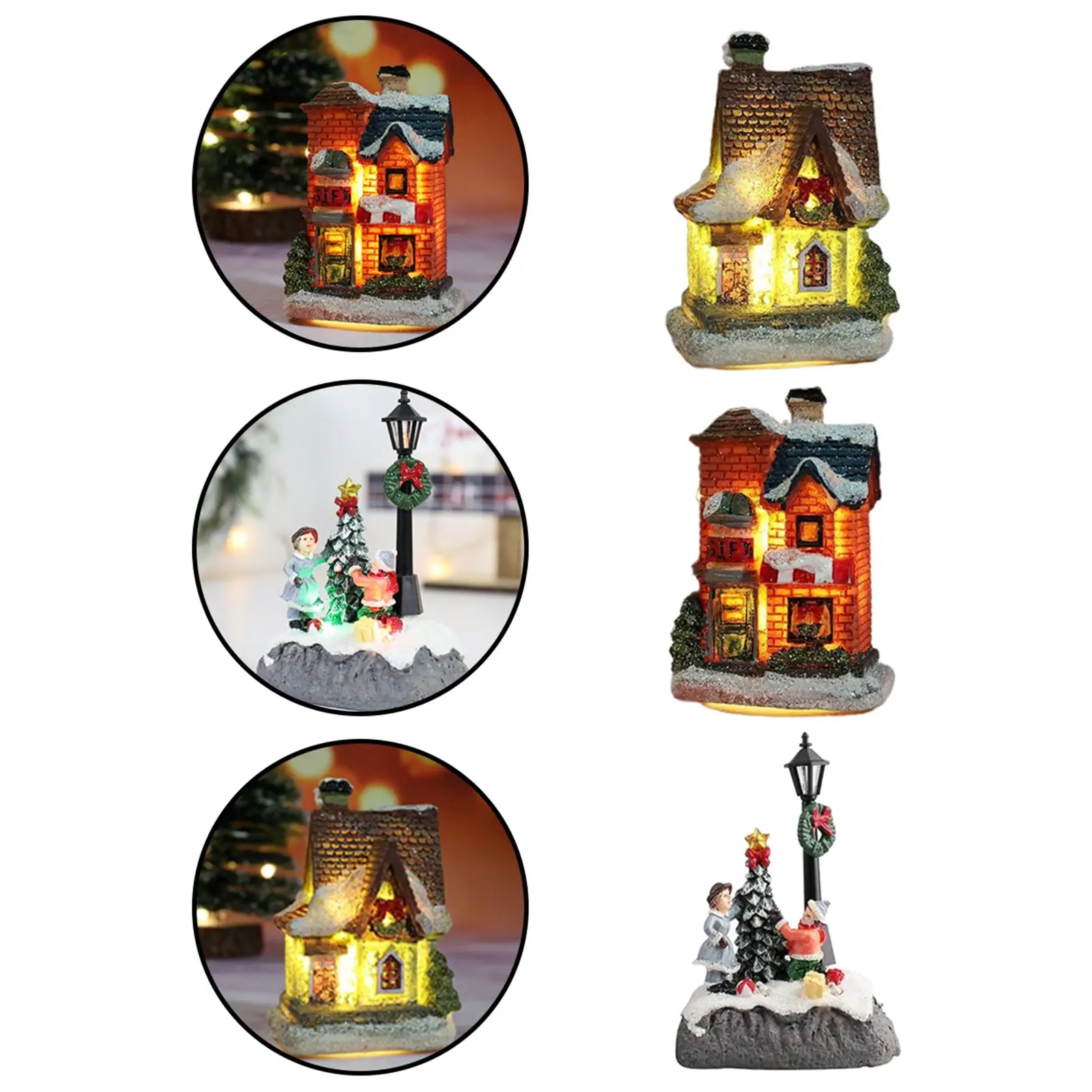 2x Christmas Snow House Cottage LED Resin Village Lamppost Dollhouse Set Desktop Fairy Garden Holiday Festival Decor Ornament