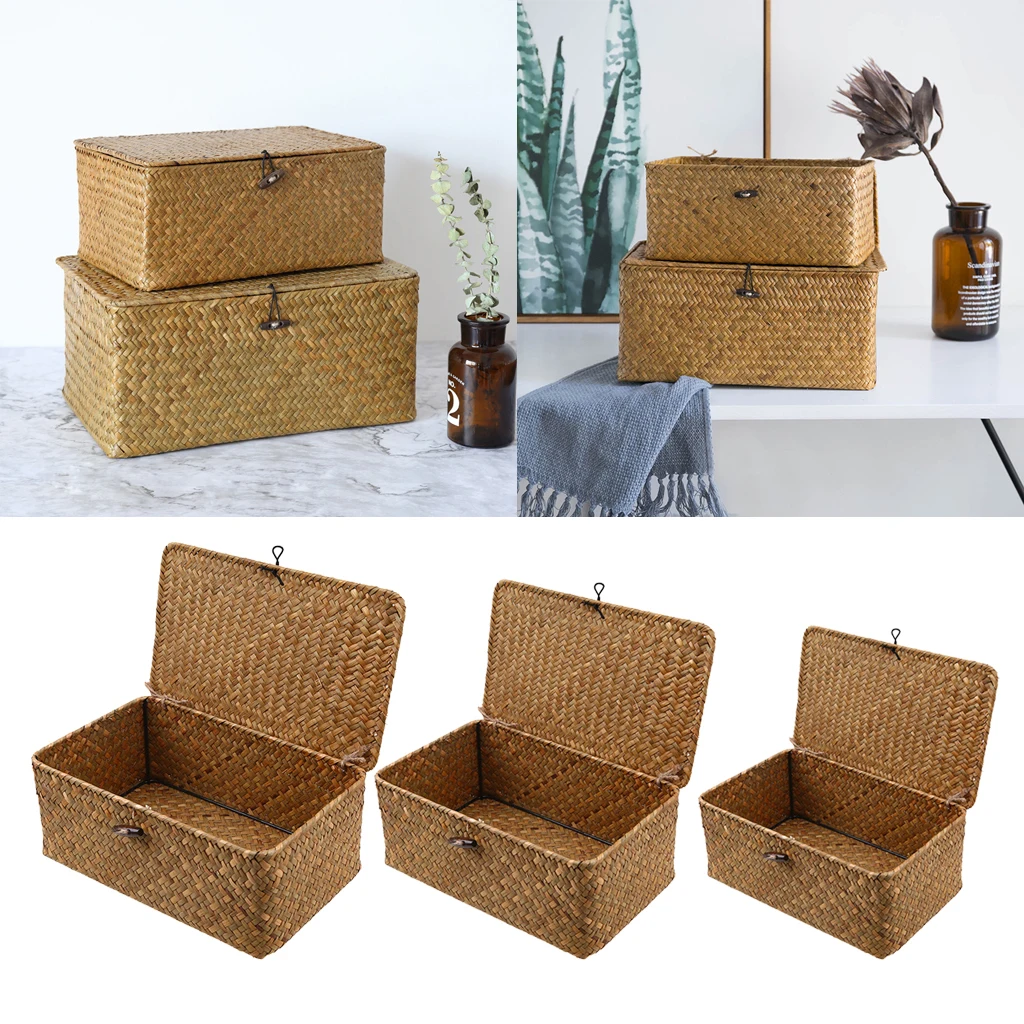 Homemade Handwoven Rattan Storage Basket / Decorative Box with Lid 3 Sizes