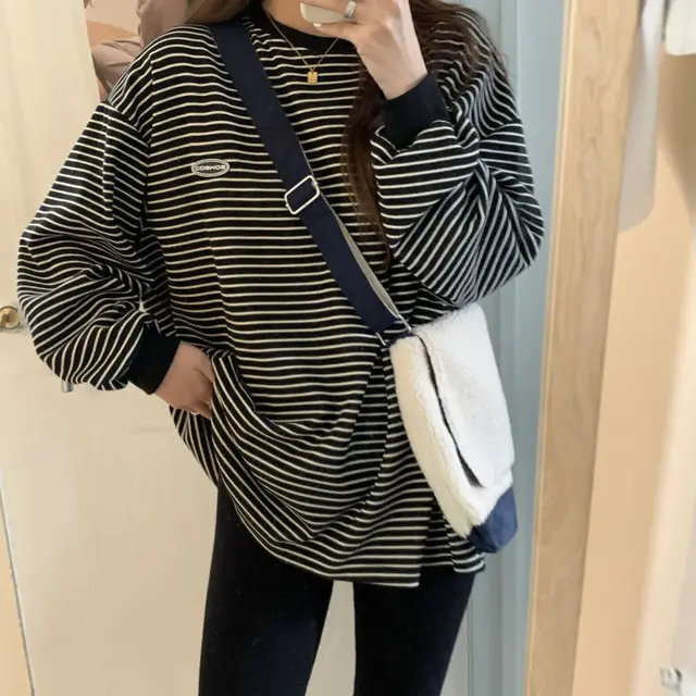 Basic T-shirts Women Striped Top All-match Stylish Daily Lazy Simple Spring  Autumn Long Sleeve Tees Korean Style Hot Sale New