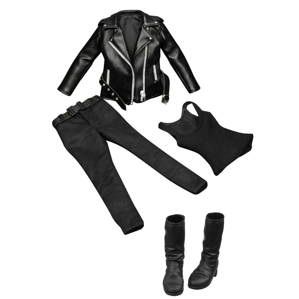 1/6 Scale Female Clothing Black PU Leather Jacket Pants Vest Long Boots for 12