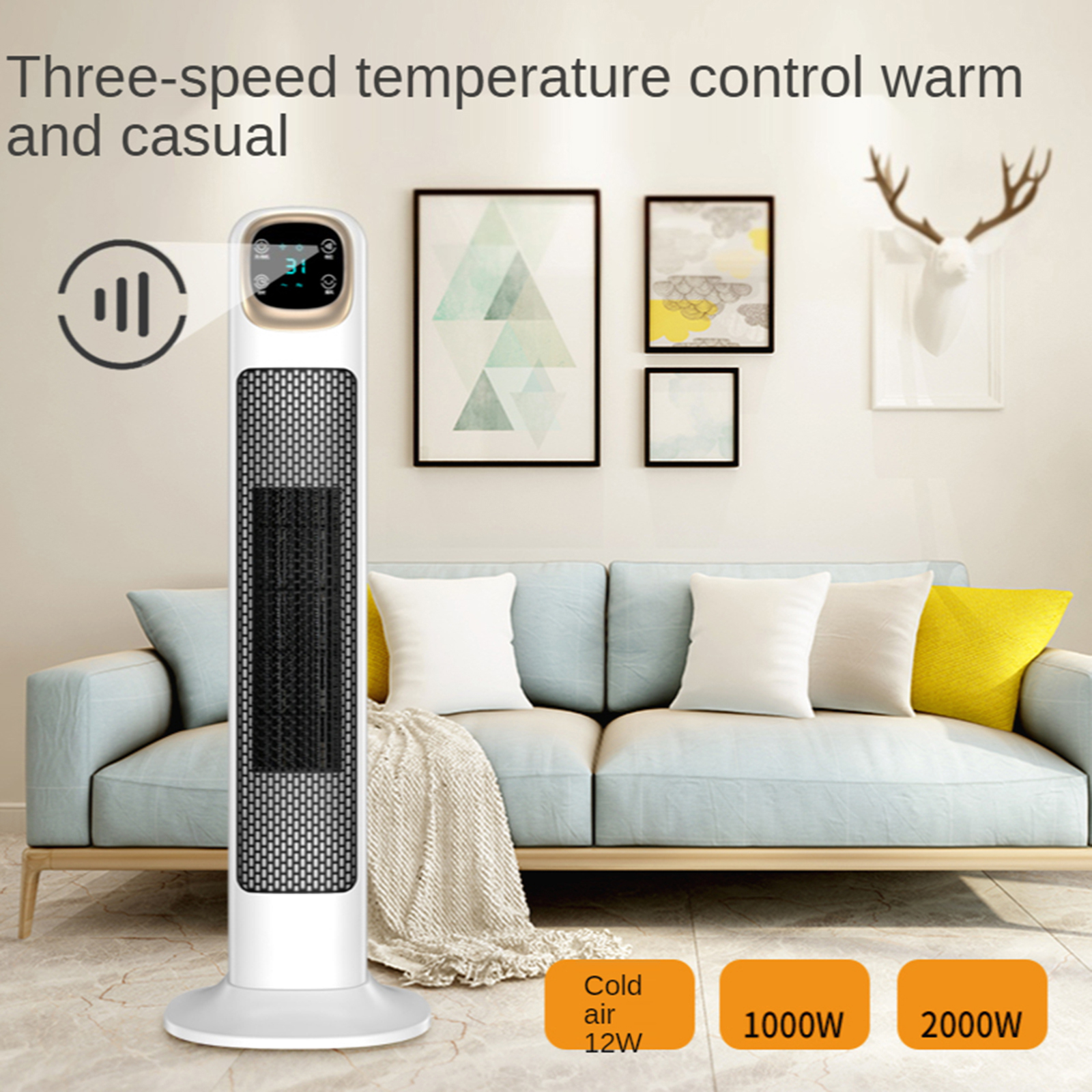 Tower Space Heater Wide Angle Swings 3 Gears PTC Heating Fan Heater for Home Watching Movie Baby Bathing