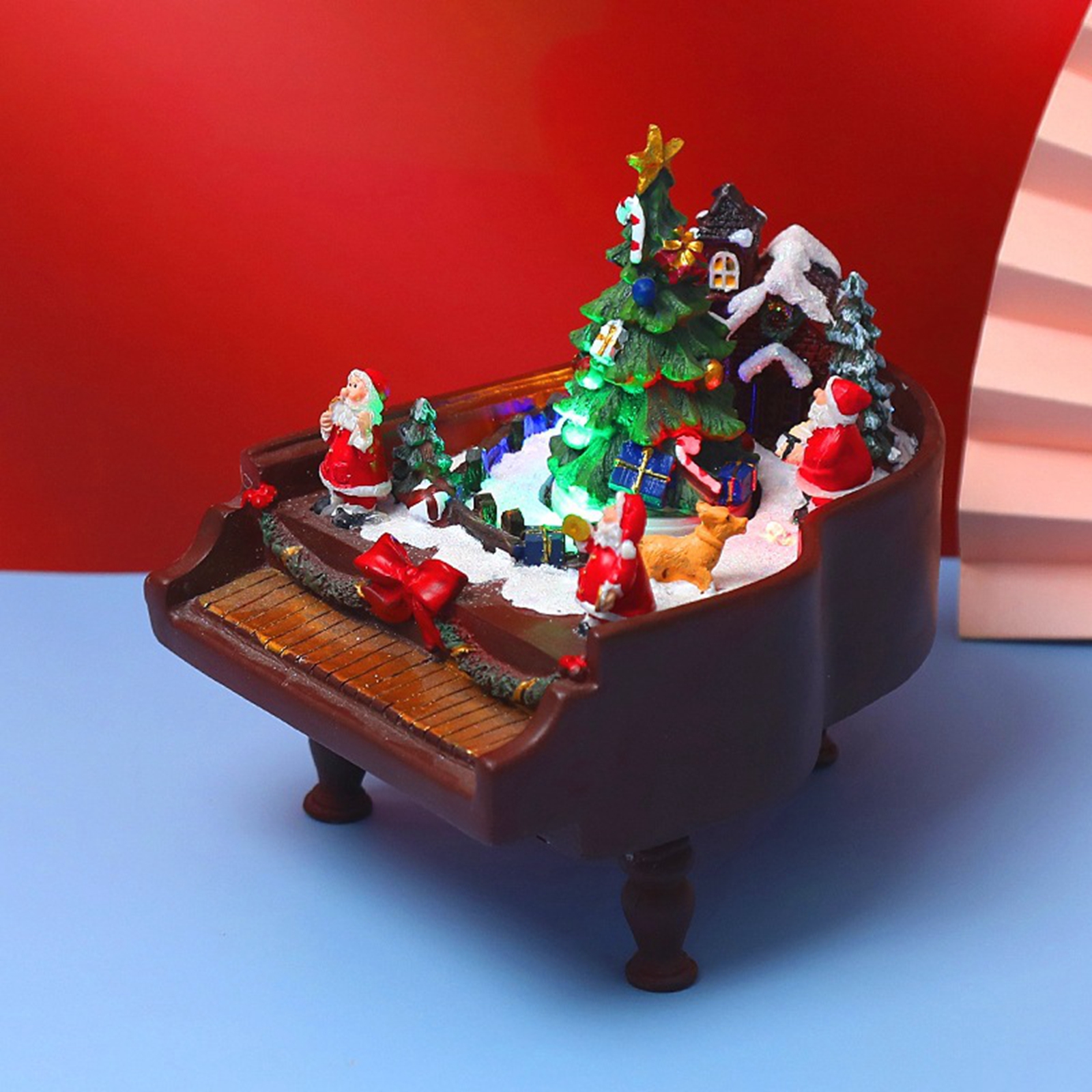 Romantic Resin Snow Scene Vintage Piano Music Box Revolving Christmas Tree LED Light Home Decoration Ornament Gift Collection