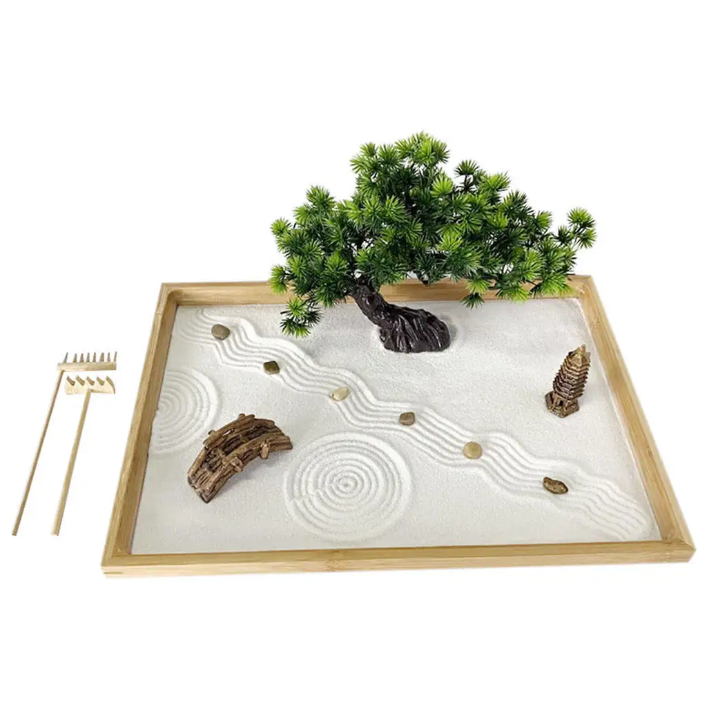 Zen Garden Sand Meditation Micro Landscape Relax Decoration Set with Artificial Bonsai Tree Garden Table Home Office Decor