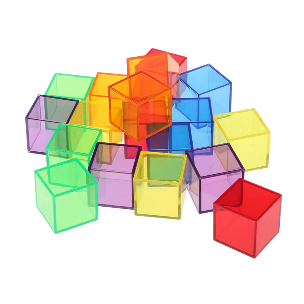Children Montessori Building Blocks Cube Geometric Solids, 18 Pieces, Transparent Colorful