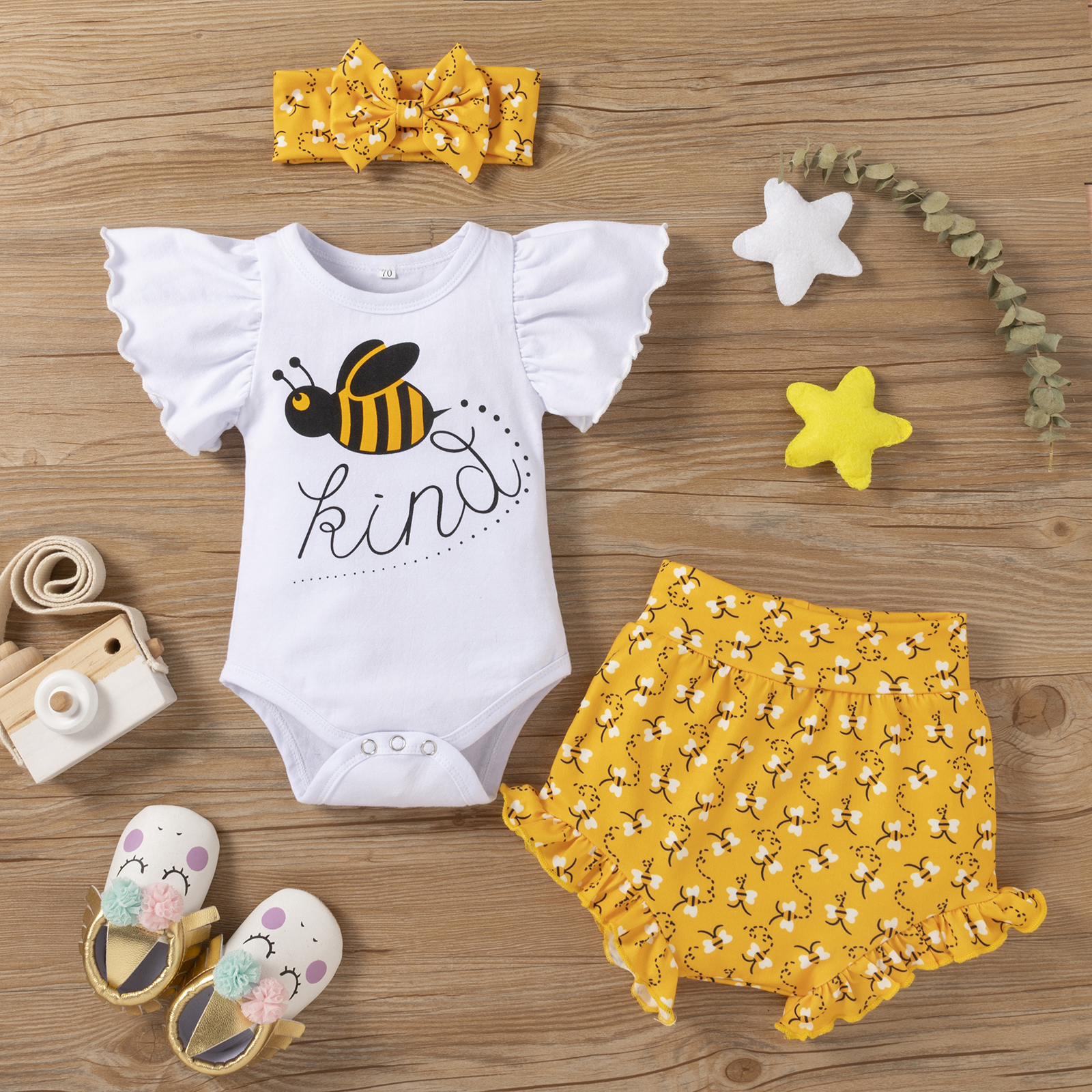 Baby Clothing Set discount Infant Baby Girls Flying Sleeve Romper + Shorts + Bow Headband, Bee Cartoon Print Ruffle Decoration Summer Clothing baby clothing set line