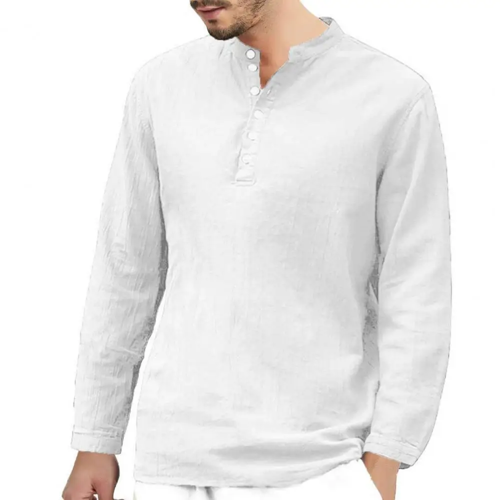 Men's Vikings Nordic Style Long-Sleeved Solid Color Cotton Linen Stand-Up Collar Shirts