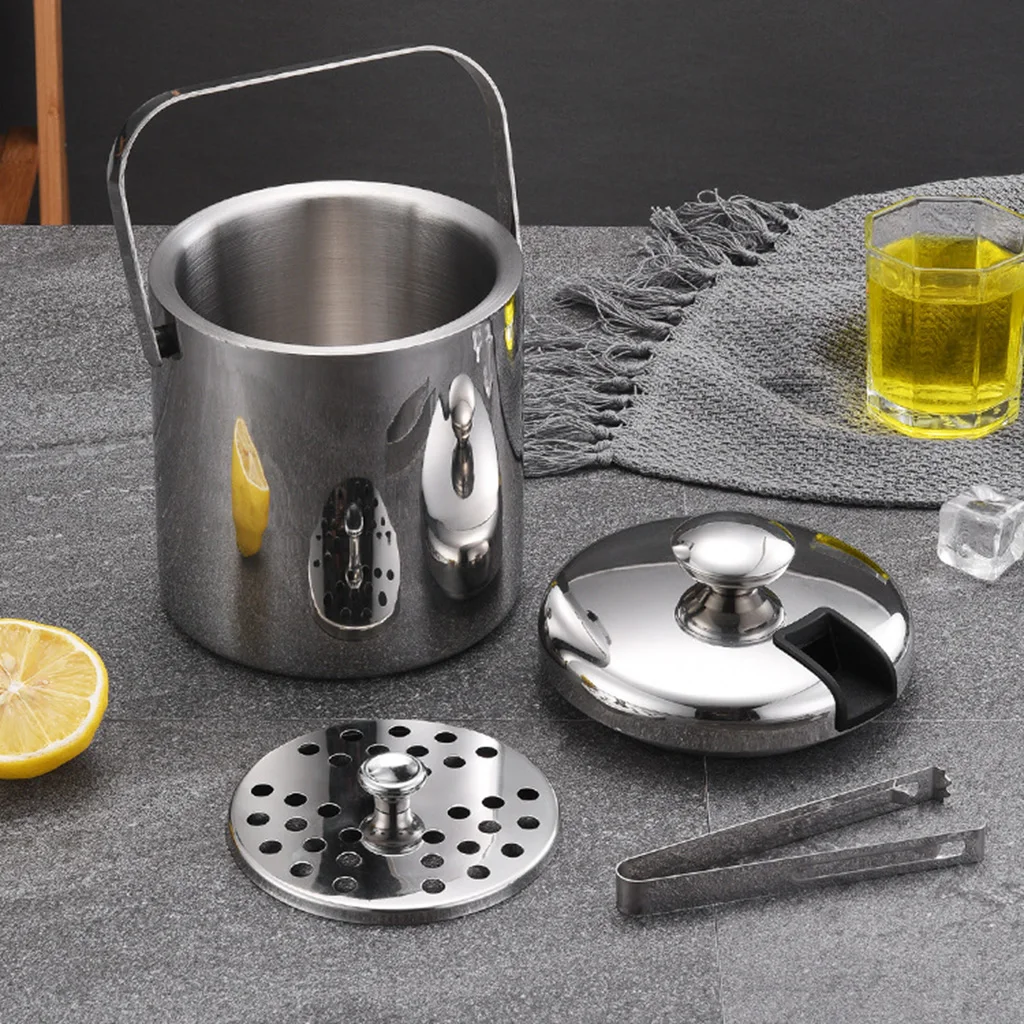 1.3L Double Walled Ice Bucket Stainless steel Ice Cube Container with Ice Tong Clip Lid for Storage and Bar Cooler