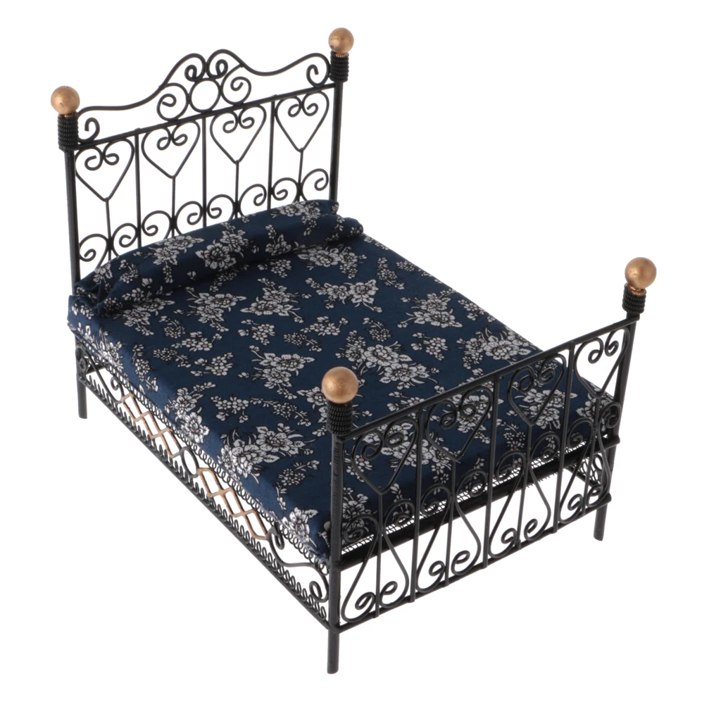 Dollhouse Bedroom Furniture, 1/12 Scale Double Bed Model - Black Iron Frame And
