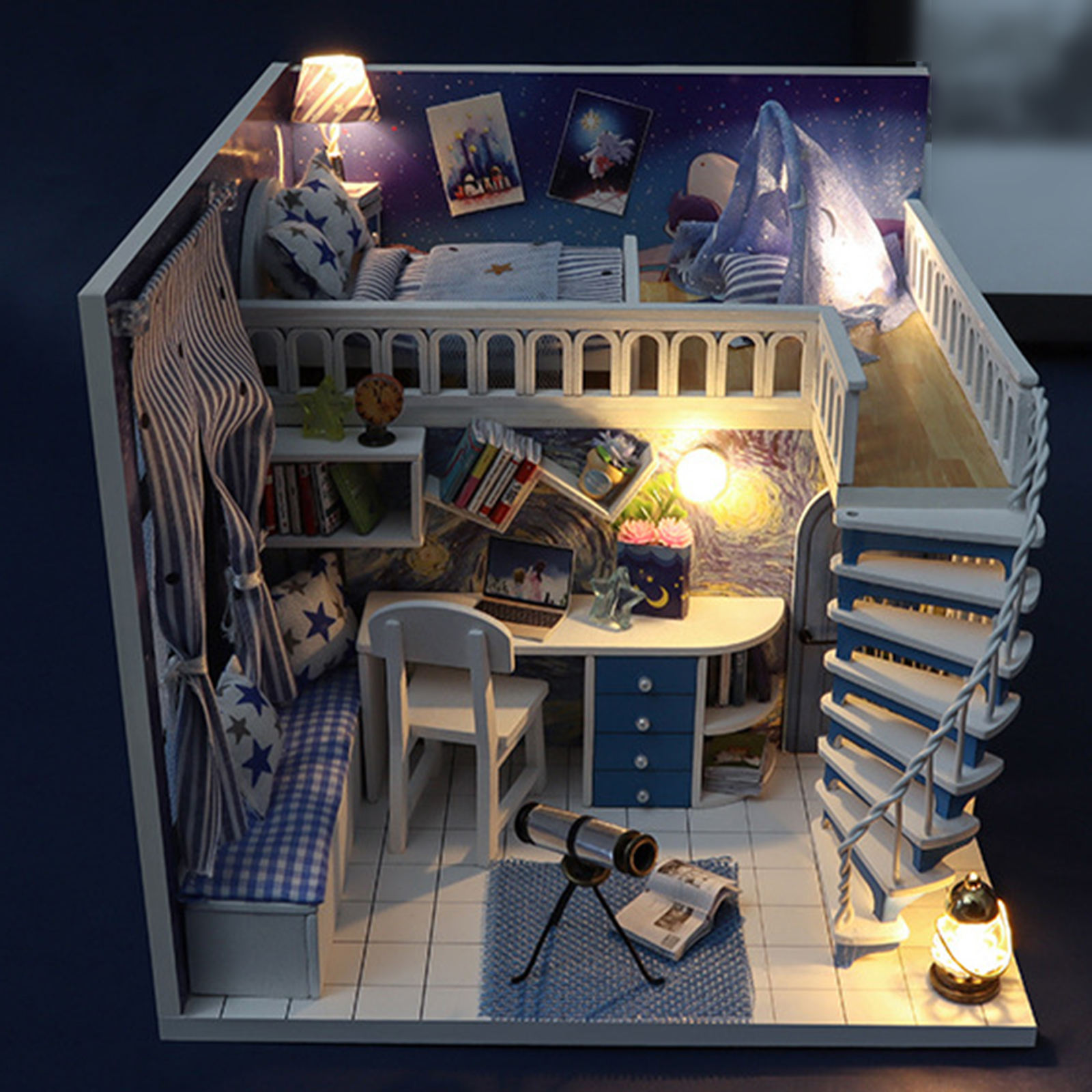 Dollhouse Kit LED Light Dustproof Case Wood Craft Themed Star House Gift
