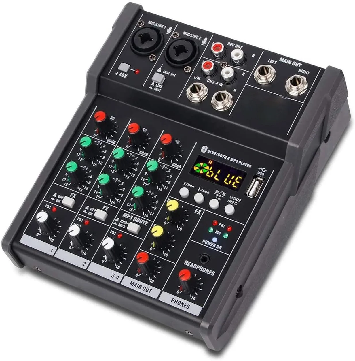 A4 Sound Mixing Console Bluetooth USB Record Computer Playback 48V Phantom Power Delay Repaeat Effect 4 Channels USB Audio Mixer