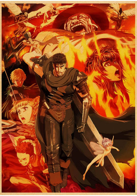 Poster japonês de anime berserk, adesivo de parede de decoração diverso  gatsu, papel kraft, impressão de