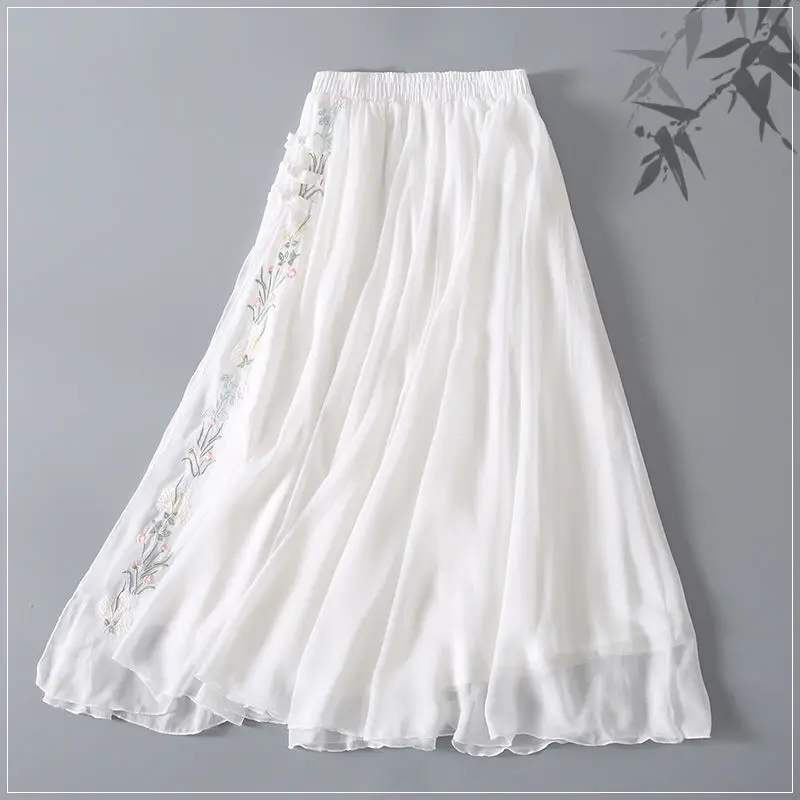 Vintage Embroidery Women Skirts Chiffon White Floral A-Line Knee-Length Female Skirts Clothing Top Quality green skirt