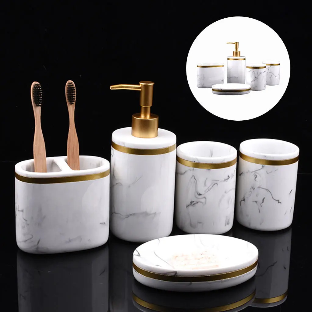Bathroom Accessories Set 5Pcs Marble Look Toothbrush Holder Liquid Soap Dispenser, 2 Colors Optional