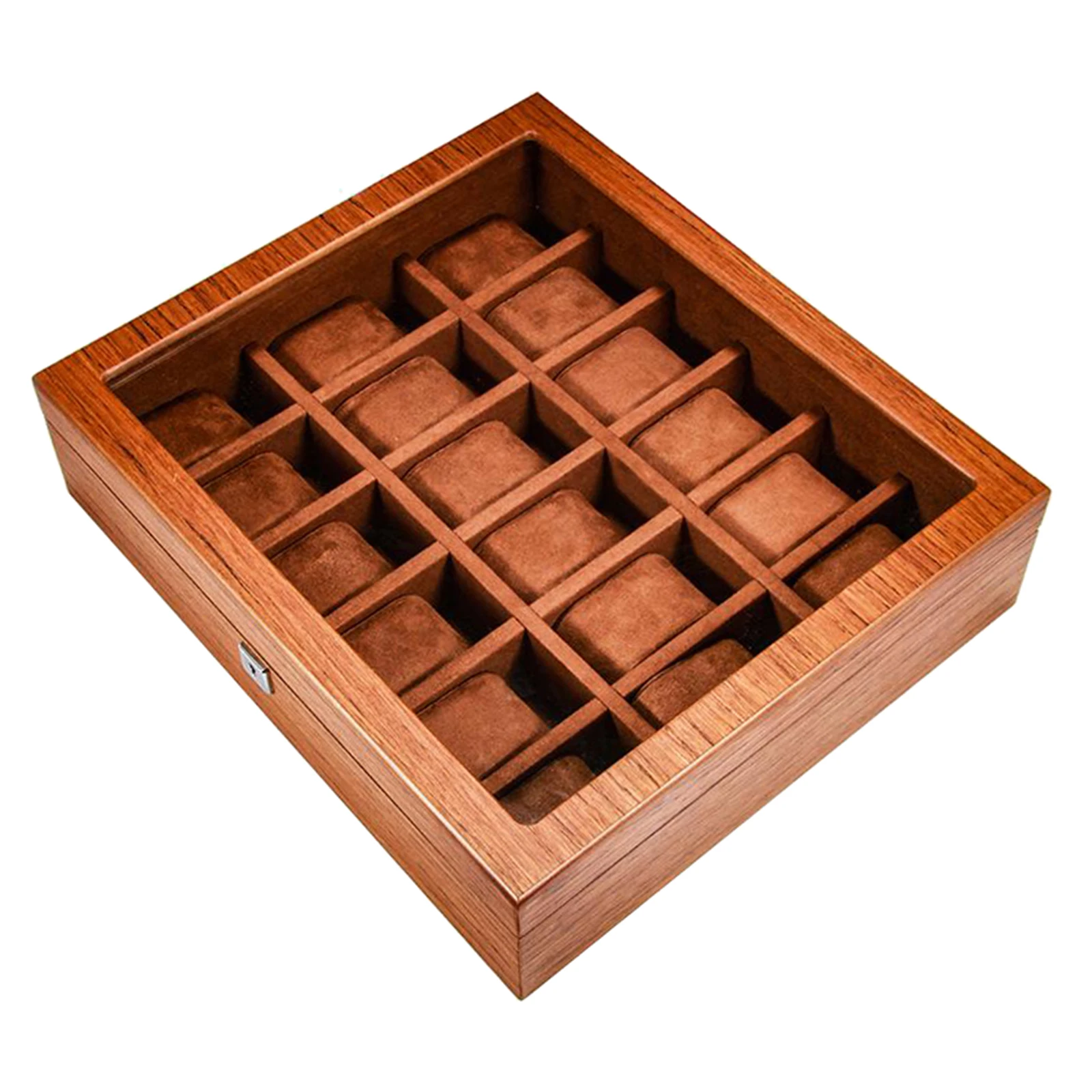 Wooden Watch Case with Clear Glass Top Jewelry Storage Organizer 18