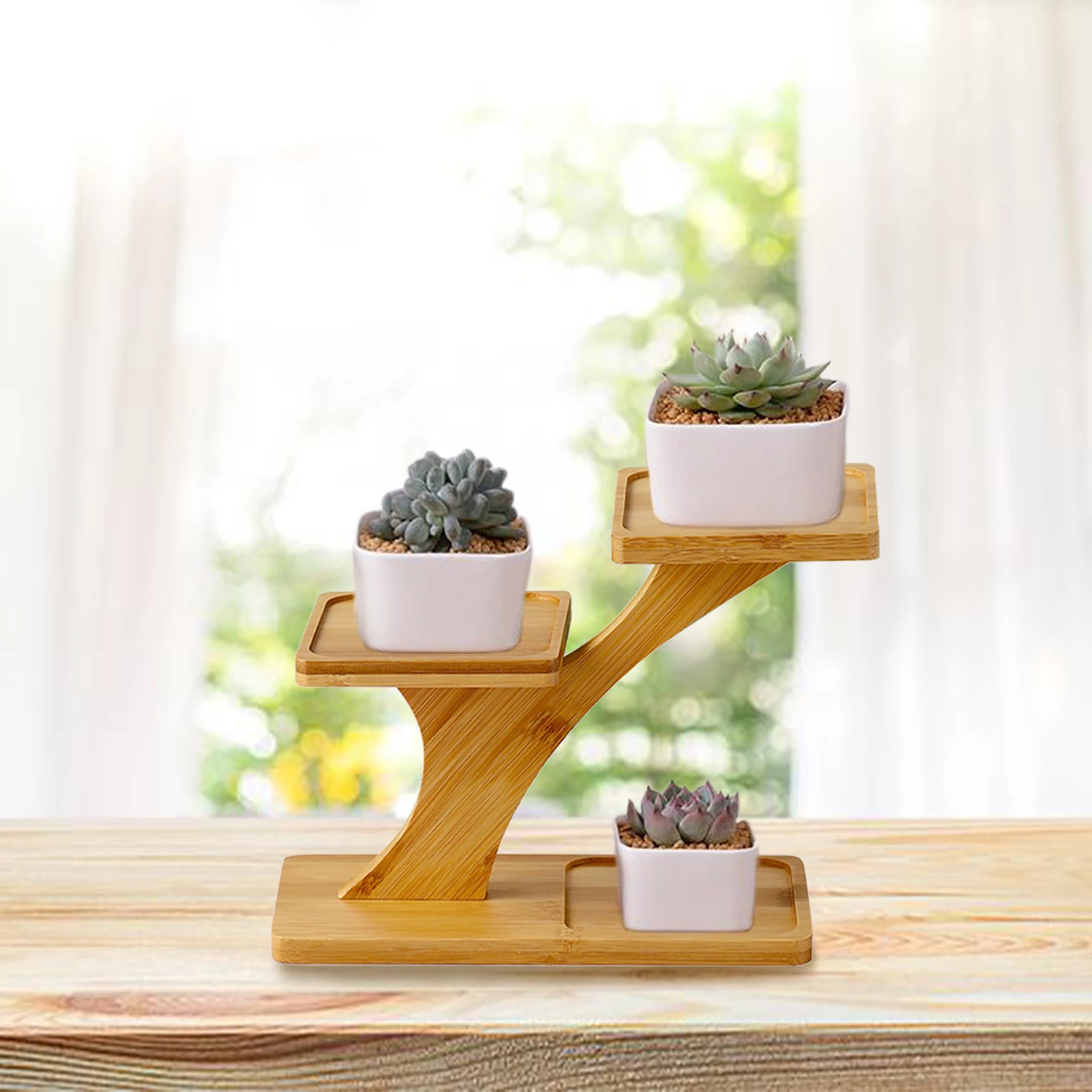 Boho Style Succulent Pot Plant Small Tabletop Plant Stand for Home Wood Succulent Rack Office Decoration 3 Tier Succulent Stand 