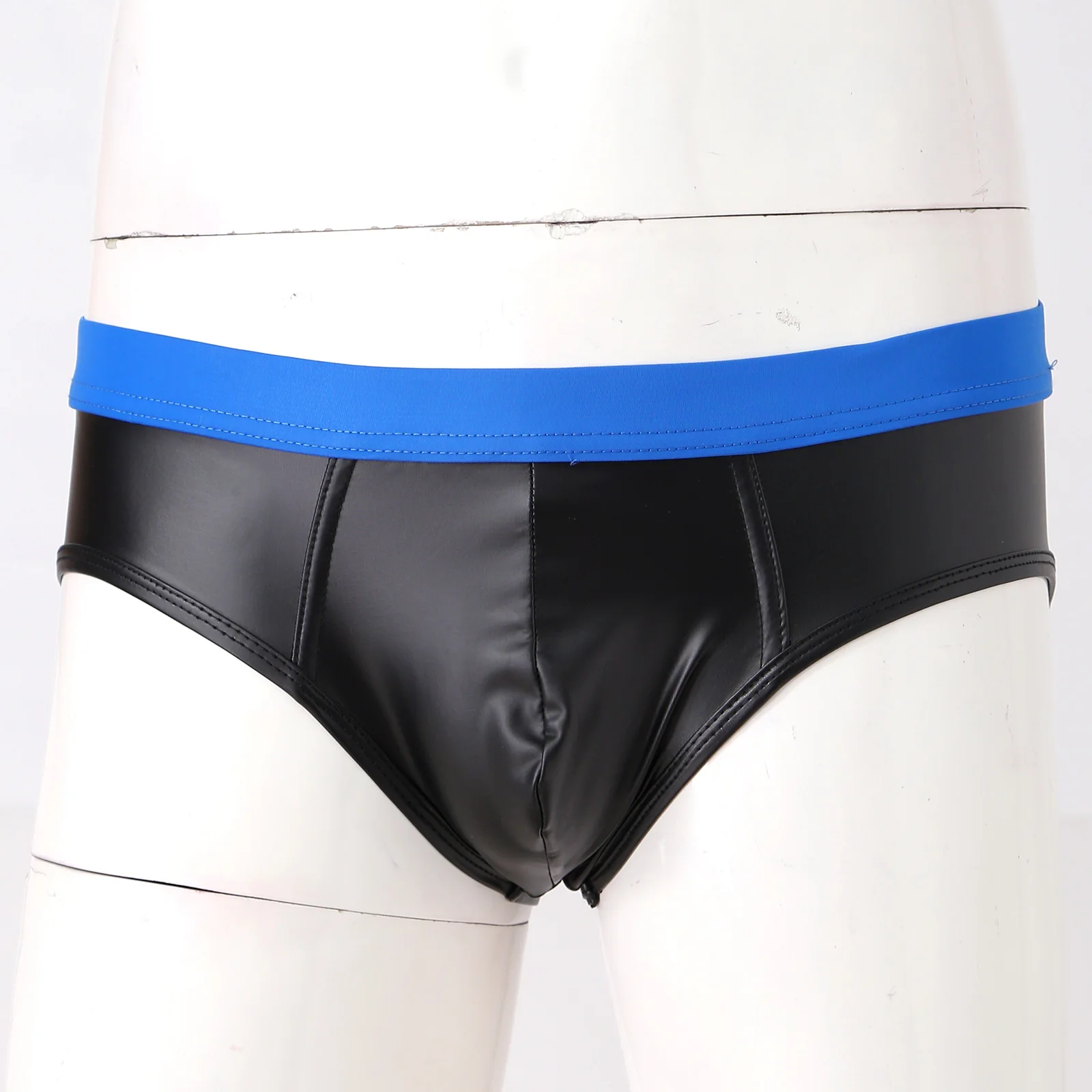 Men Low Waist Bulge Pouch Faux Leather Briefs Color Block Elastic Waistband Underpants Lingerie Underwear mens sheer briefs