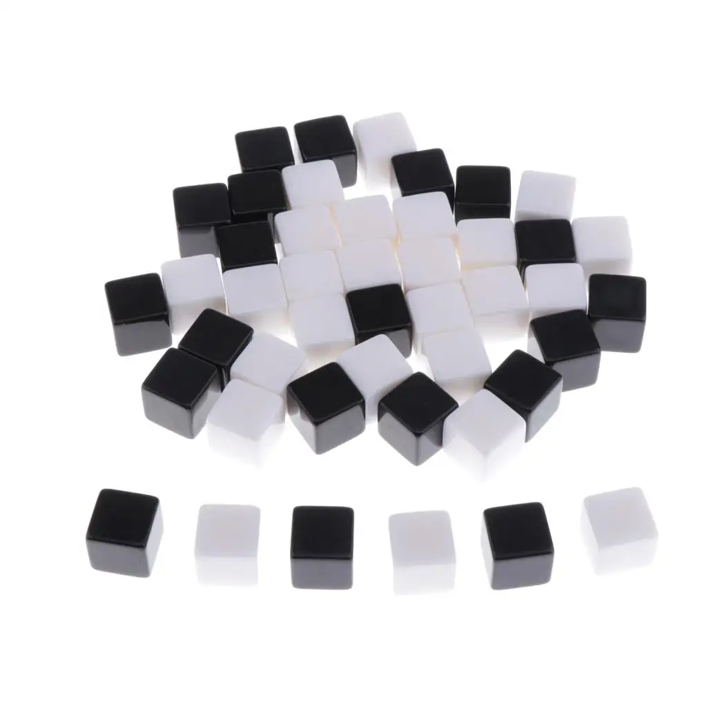 50pcs 16mm Blank 6 Sided Dice for Wargames, Casualty Markers - White Black