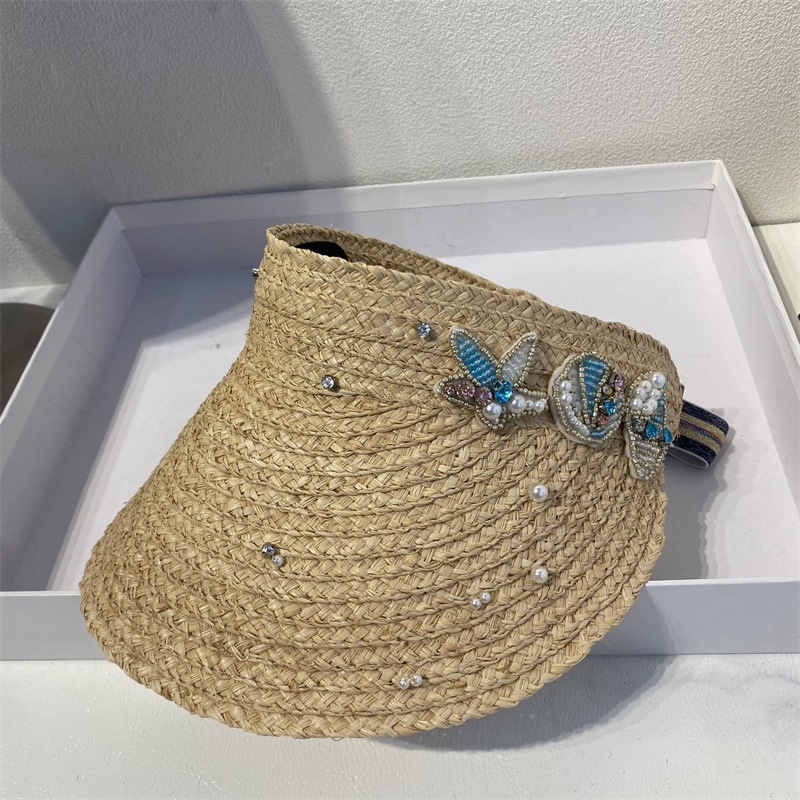 Luxury Pearl Women Bow-knot Headband Hat Raffia  Visor Caps For Girls Beach Hats Braided Fashion Cap Lady Straw Sun Hat 2021