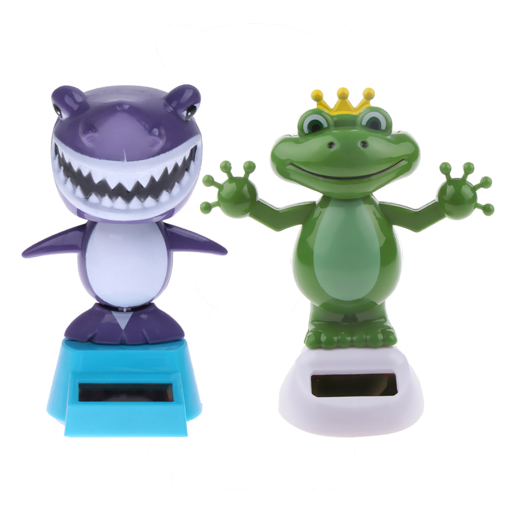 2Pcs Solar Powered Solar Powered Toy Bobble Head Toy Auto Car Home Ornaments Frog + Shark