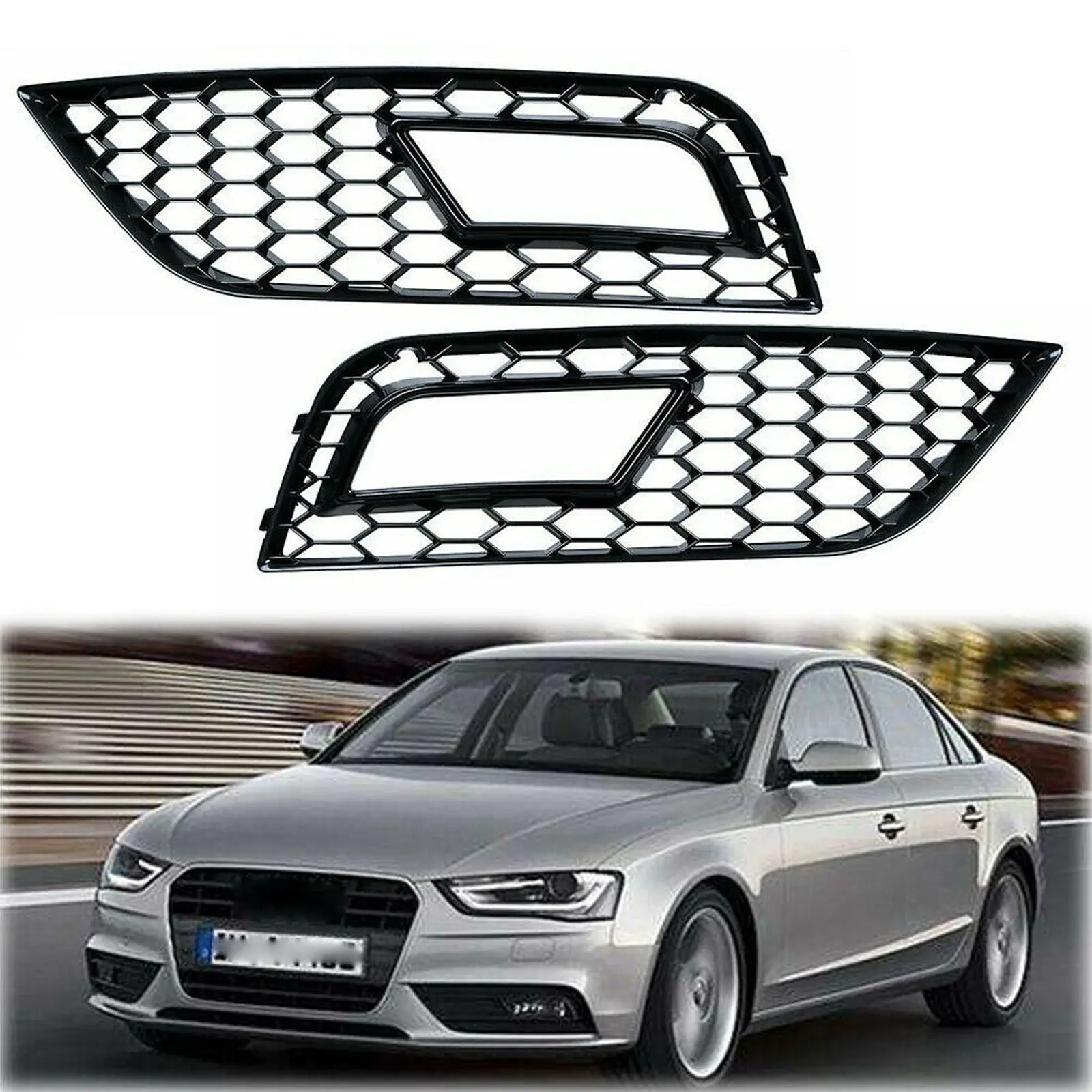  A4 B8.5 2013-2016 2-Piece Glossy Black Front Fog Light Grill, Durable