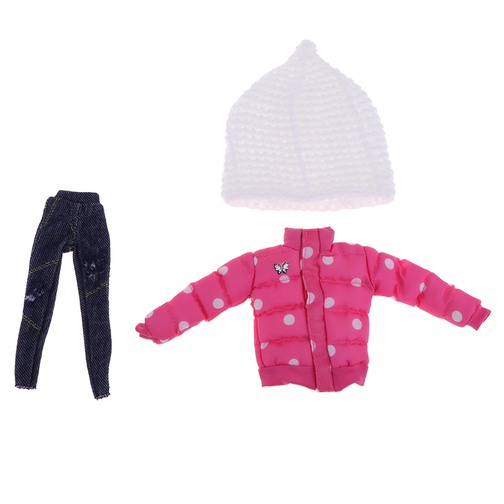 1/6 Lovely Pink Winter Jacket & Jeans With Hat Set For Blythe Doll Dress Up