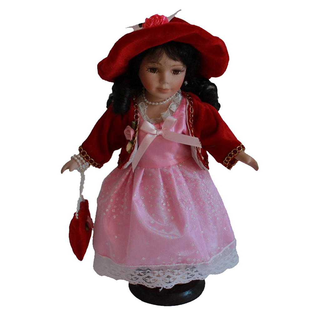 Porcelain Doll 12'' Standing with Pink Dress Victoria Style W/Display Stand