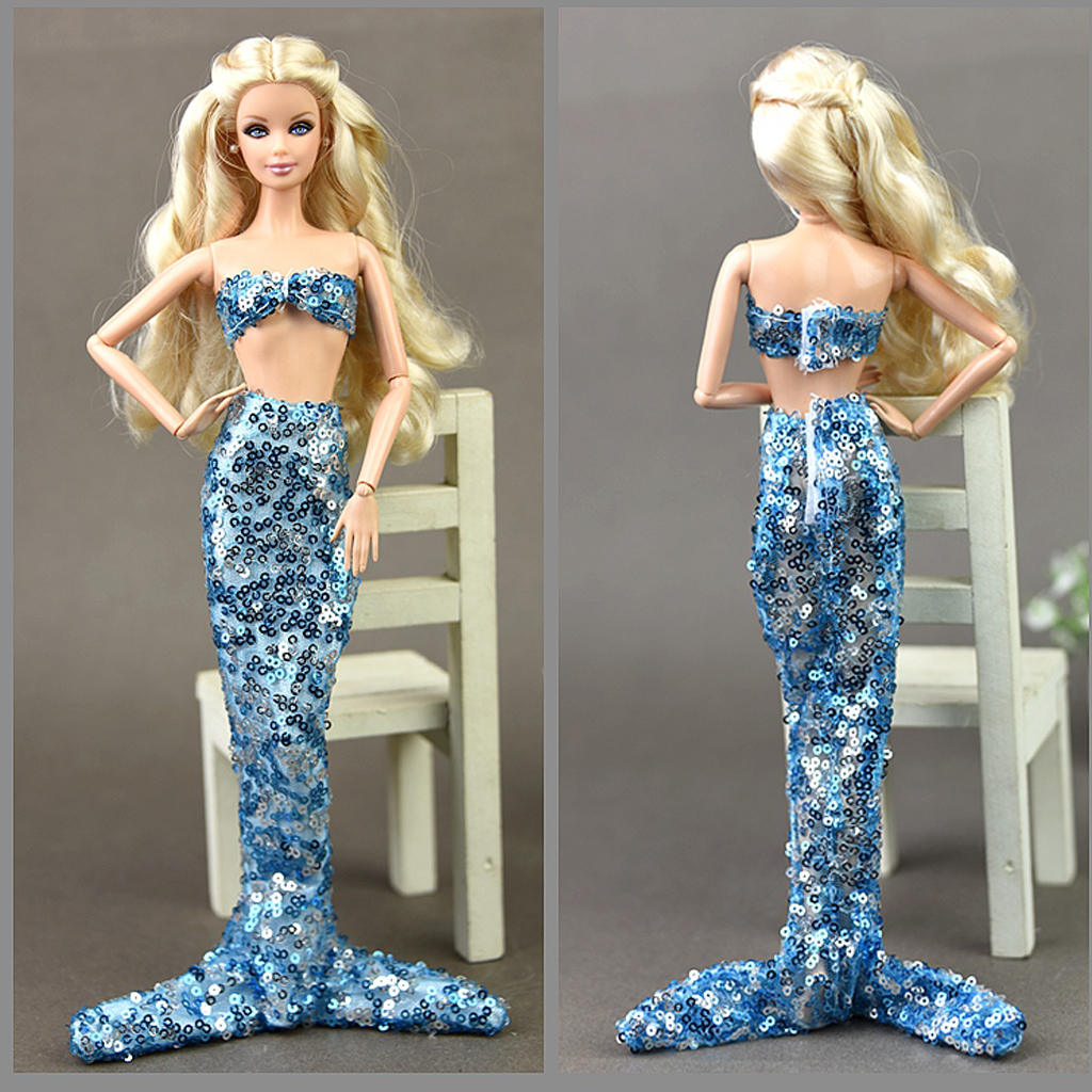 New Hot Doll Garments Outfit Swimwear Mermaid Big Tail Dress Bra Top for 12''  Doll Accessories Light Blue