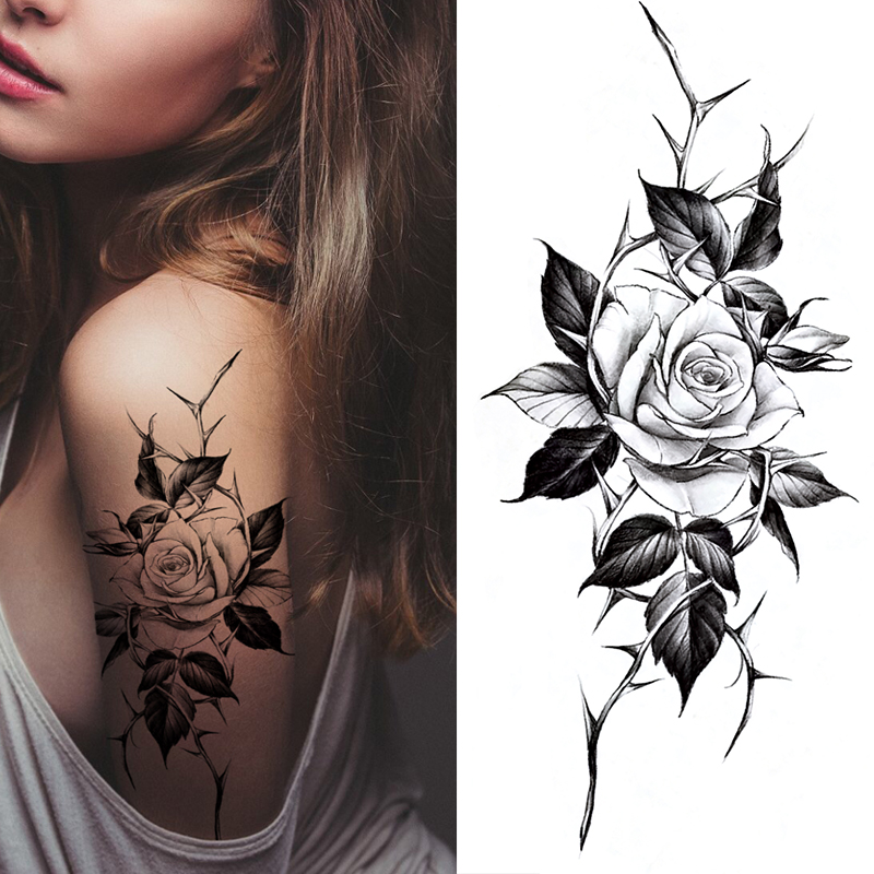 Best of Sexy Flower Temporary Tattoo Female Body Art Painting Arm Leg Tattoo Sticker Black Rose Waterproof Tattoo DIY Tattoo Sticker Reviews & Tips - Image 6