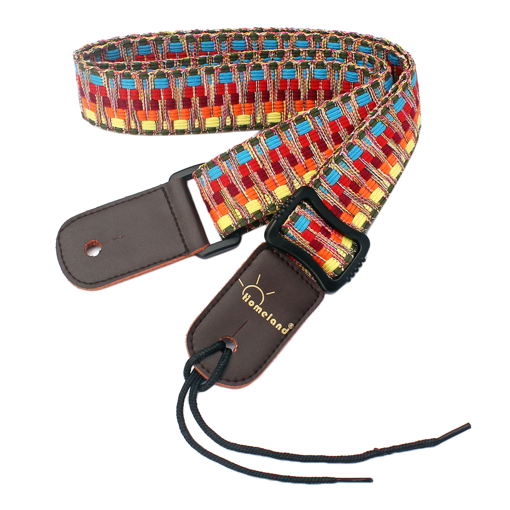 Adjustable Guitar Bass Strap w Leather Ends Stripy Pattern for Ukulele Banjo
