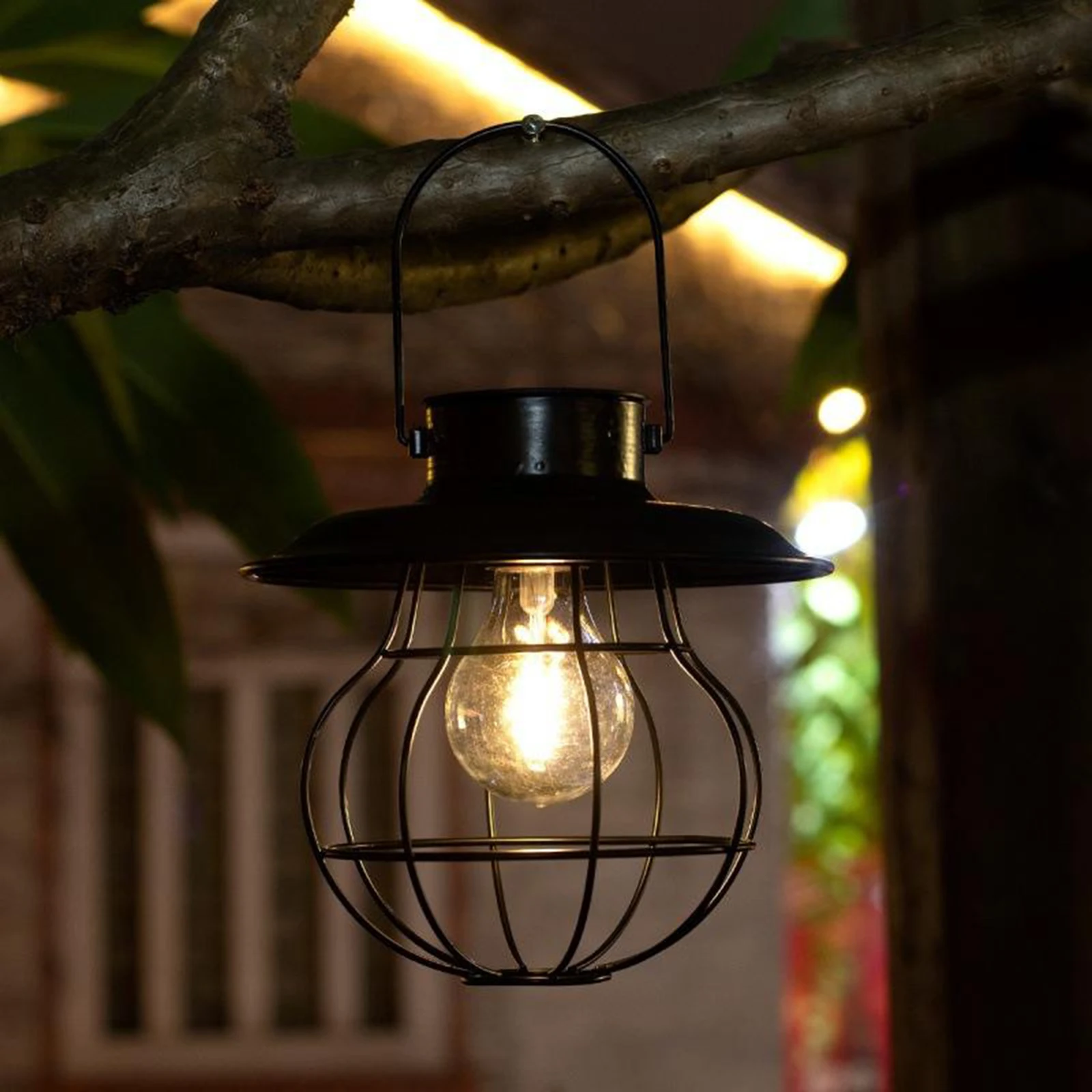 RUSTIC DISTRESSED FINISH HANGING SOLAR LED LIGHTED CAGED LANTERN LIGHT 3 COLORS 