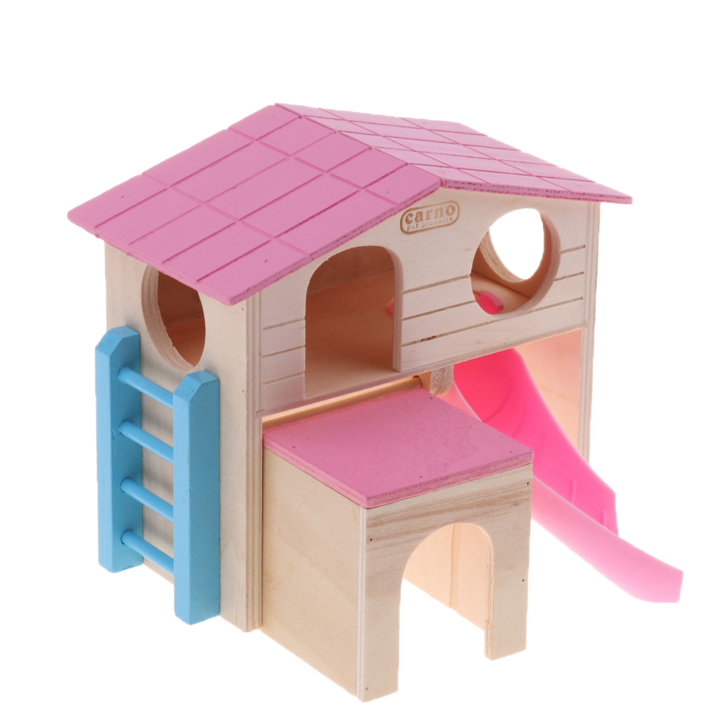 Colorful Pet Small Animal Hideout Hamster House 2 Layers With Stairs Design, Wooden Hut Play Toys Chews - Random Color