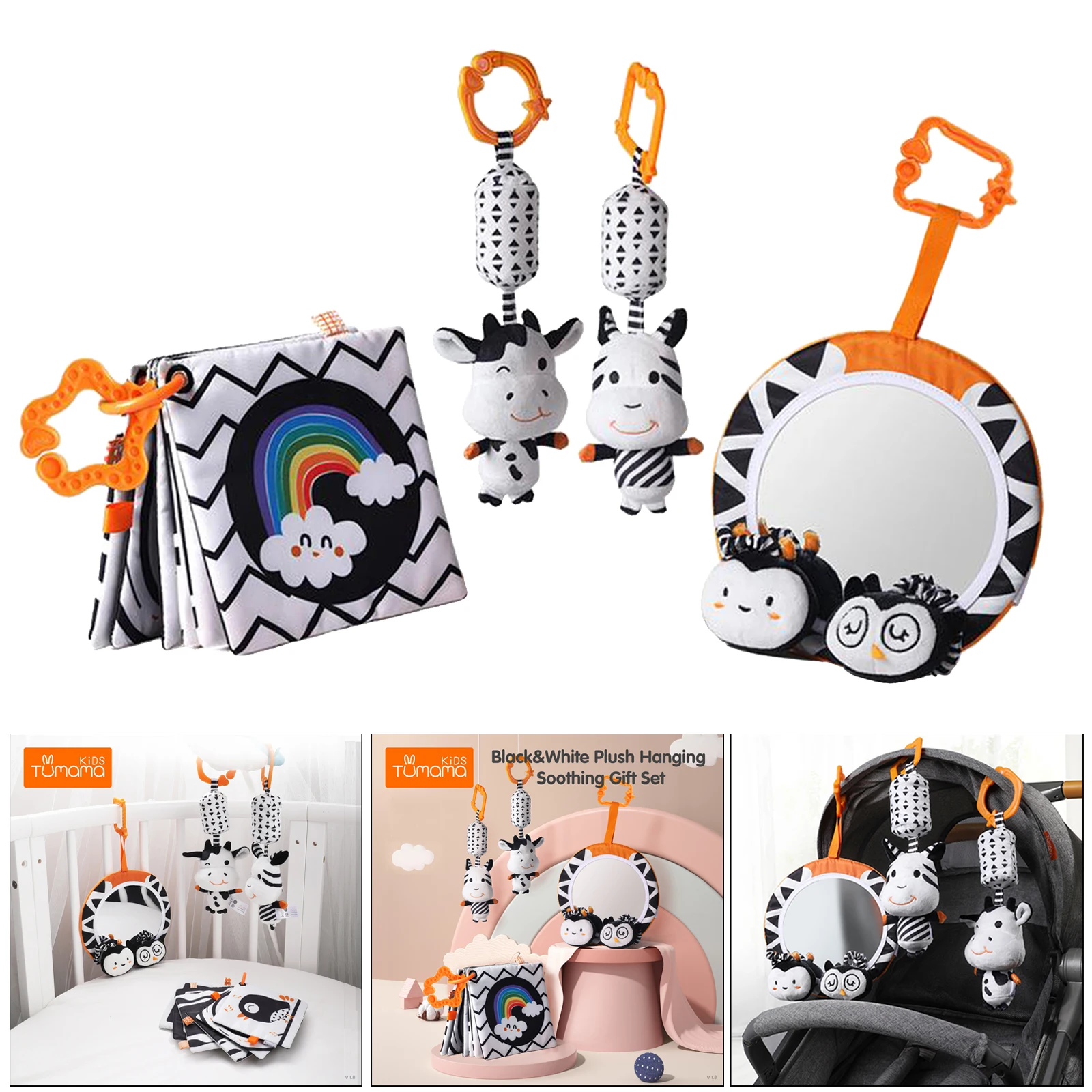 Baby Stroller Toy for Car Seat Plush Rattles Rings Tummy Mirror Cloth Book
