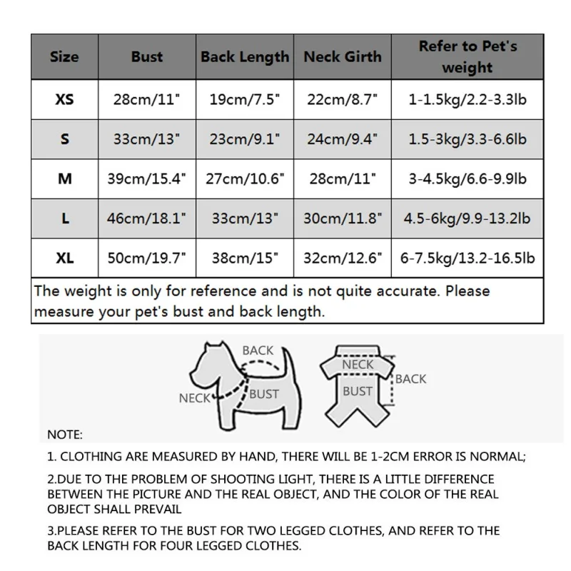 Una tabla con información sobre tallas para ropa para mascotas. Incluye medidas para diferentes tamaños de mascotas, como XS, S, M, L y XL, junto con el busto, la longitud de la espalda, la circunferencia del cuello y los rangos de peso correspondientes.