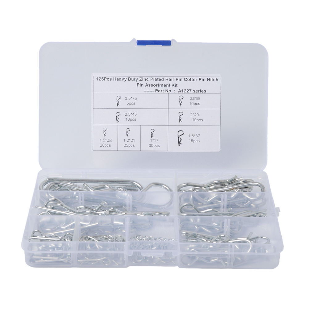R Cotter Pin Tractor Pin Clip Assortment Fastener Set 8 Different Sizes with Plastic Box Set of 125pcs