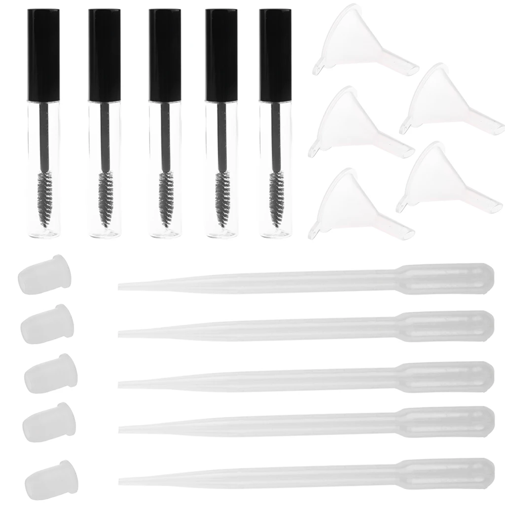 5 Packs 10ml Empty Mascara Tubes Eyelash Growth Oils Vials Bottles with Plugs Funnels Pipettes Droppers