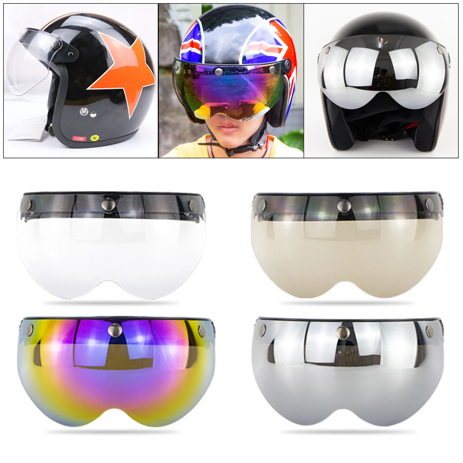 7C4F Universal Pilot-Style Motorcycle Helmet 3-Snap Visor Shield Flip Up Clear 