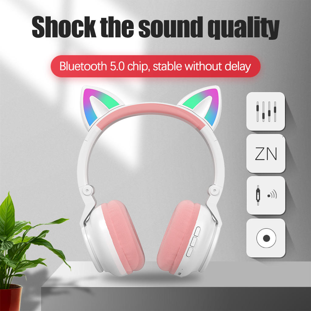 RGB Cat Ear Headphones Bluetooth Earphones LED Light Lightweight Adults Kid Girl Headset for PC Games Online Teaching