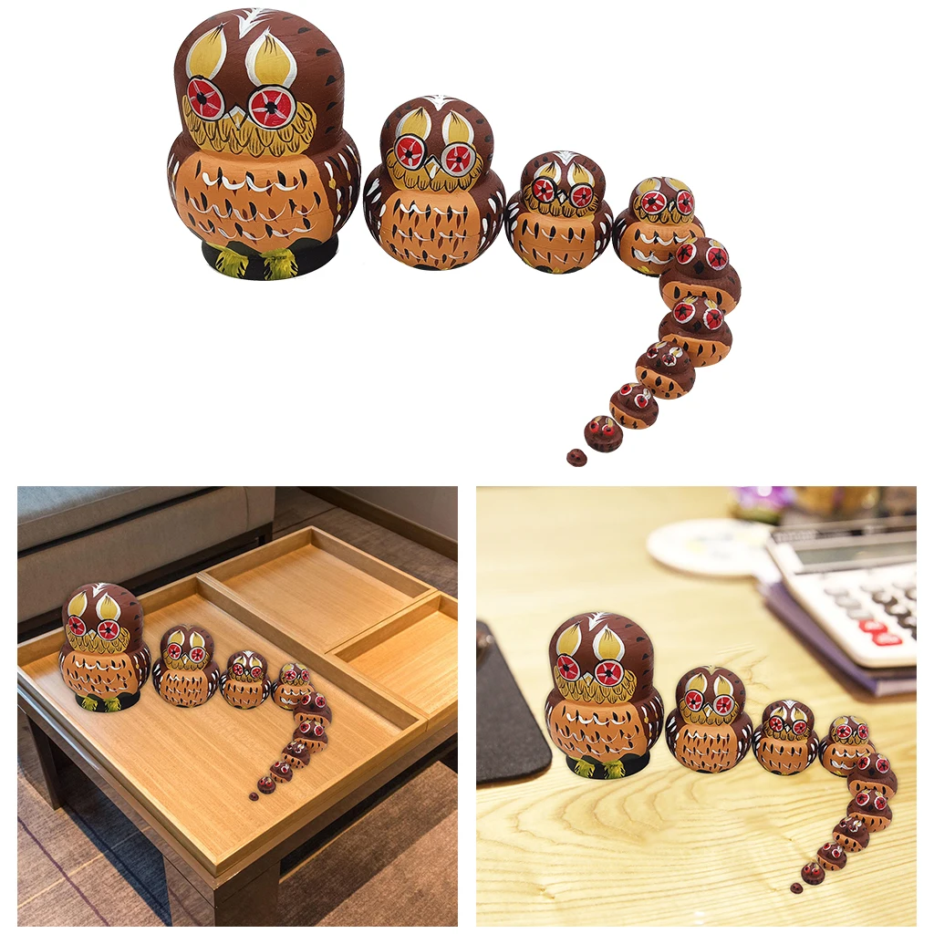 10Pcs Lovely Owl Matryoshka Russian Nesting Dolls Matrioska Babushka Wooden