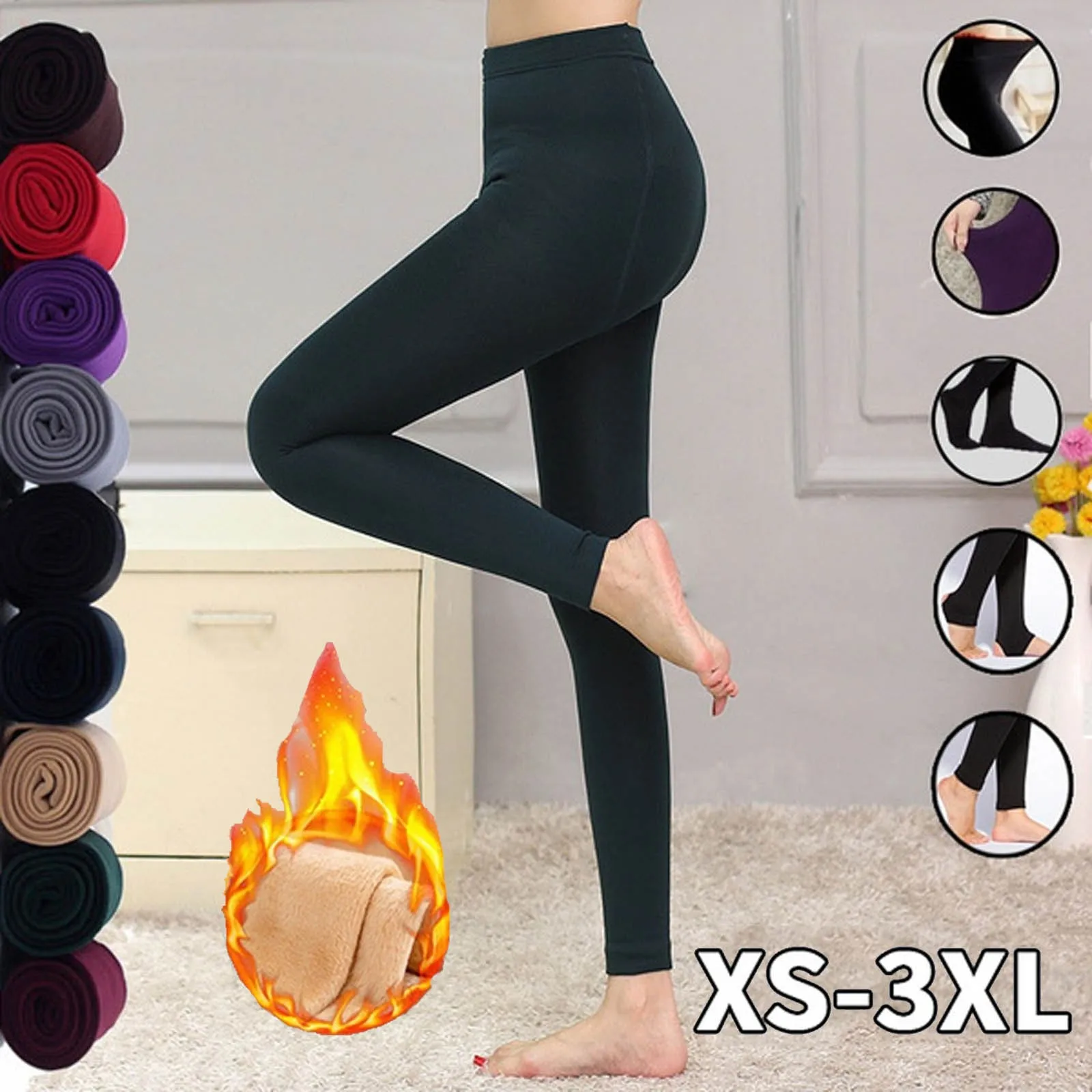 Women's Solid Winter Thick Warm Fleece Lined Thermal Stretchy Leggings Pants 